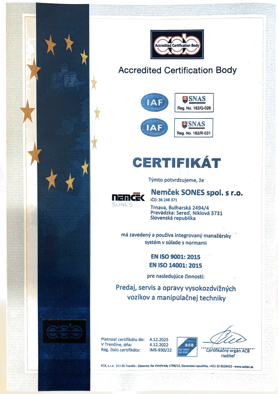 ISO certifikát spoločnosti Nemček SONES